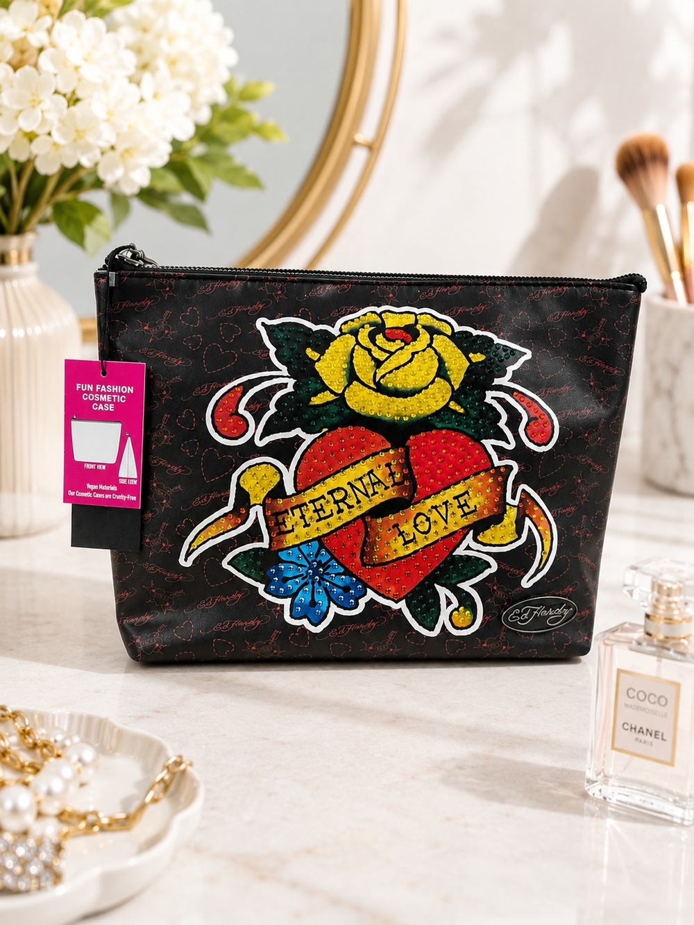 Ed Hardy Eternal Love Rhinestone Cosmetic Bag NWT